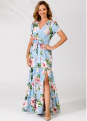 Light Blue Belted V Neck Floral Print Tiered Dress