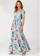 Light Blue Belted V Neck Floral Print Tiered Dress
