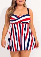 Plus Size Cross Front Striped Swimdress and Panty