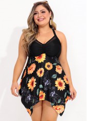Asymmetric Hem Plus Size Sunflower Print Swimdress Top-No Bottom