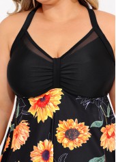 Asymmetric Hem Plus Size Sunflower Print Swimdress Top-No Bottom