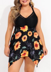 Asymmetric Hem Plus Size Sunflower Print Swimdress Top-No Bottom