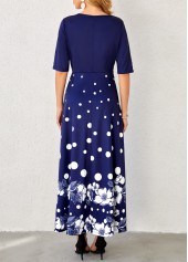 Floral Print Navy Blue Polka Dot Dress