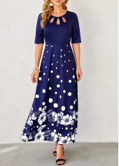 Floral Print Navy Blue Polka Dot Dress