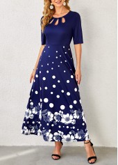 Floral Print Navy Blue Polka Dot Dress