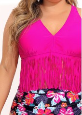 Plus Size Floral Print High Waist Tassel Bikini Set