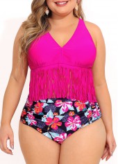 Plus Size Floral Print High Waist Tassel Bikini Set