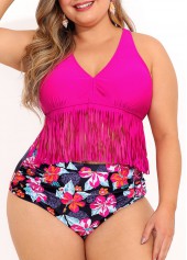 Plus Size Floral Print High Waist Tassel Bikini Set