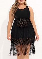 Lace Stitching Tassel Plus Size Black Swimdress Top-No Bottom
