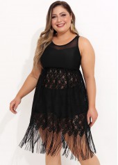 Lace Stitching Tassel Plus Size Black Swimdress Top-No Bottom