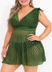 Plus Size Olive Green Striped Swimdress Top-No Bottom