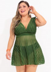 Plus Size Olive Green Striped Swimdress Top-No Bottom