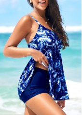 Blue Wide Strap Feathers Print Swimdress and Shorts
