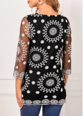 Embroidered Black Lace Stitching 3/4 Sleeve T Shirt