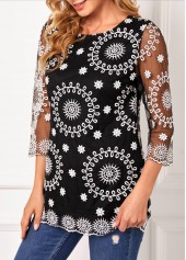 Embroidered Black Lace Stitching 3/4 Sleeve T Shirt