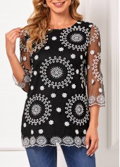 Embroidered Black Lace Stitching 3/4 Sleeve T Shirt