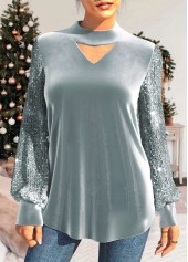 Grey Velvet Stitching Sequin Long Sleeve T Shirt