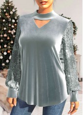 Grey Velvet Stitching Sequin Long Sleeve T Shirt
