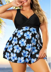 Plus Size Floral Print Black Swimdress Top-No Bottom