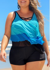 Plus Size Layered Hem Blue Cross Strap Tankini Top-No Bottom