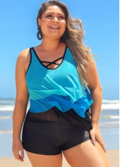 Plus Size Layered Hem Blue Cross Strap Tankini Top-No Bottom