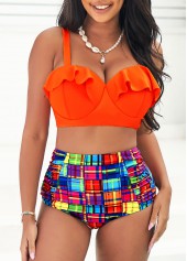 Orange High Waisted Flounce Plaid Bikini Set