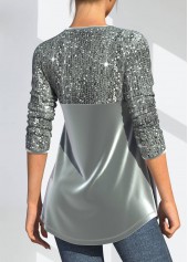 Grey Velvet Stitching Cutout Design Sequin T Shirt