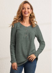 Button Detail Textile Fabric Sage Green T Shirt