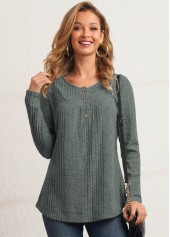 Button Detail Textile Fabric Sage Green T Shirt