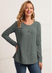 Button Detail Textile Fabric Sage Green T Shirt