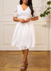 Chiffon Lace Stitching Short Sleeve White Dress