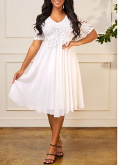 Chiffon Lace Stitching Short Sleeve White Dress