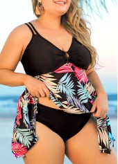 Tropical Print Plus Size Black Swimdress Top-No Bottom