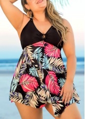 Tropical Print Plus Size Black Swimdress Top-No Bottom