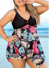 Tropical Print Plus Size Black Swimdress Top-No Bottom