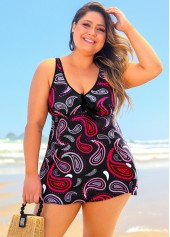 Cross Strap Black Plus Size Paisley Print Swimdress Top-No Bottom