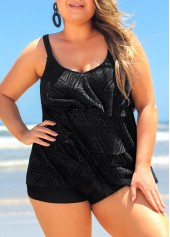 Plus Size Lace Layered Hem Black Tankini Top-No Bottom