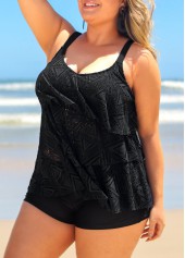 Plus Size Lace Layered Hem Black Tankini Top-No Bottom
