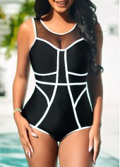 Mesh Stitching Contrast Stitch Black One Piece Swimwear