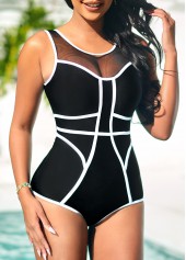 Mesh Stitching Contrast Stitch Black One Piece Swimwear