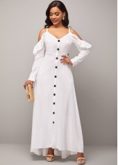 Strappy Cold Shoulder Decorative Button Flounce White Dress