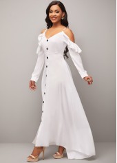 Strappy Cold Shoulder Decorative Button Flounce White Dress