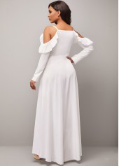 Strappy Cold Shoulder Decorative Button Flounce White Dress