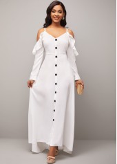 Strappy Cold Shoulder Decorative Button Flounce White Dress