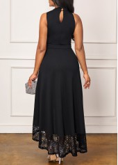 Lace Stitching Black Crossover Hem Keyhole Neckline Dress
