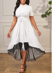 Dip Hem Contrast Short Sleeve White Dress