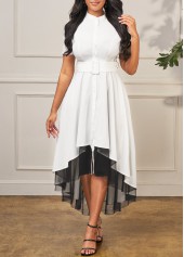 Dip Hem Contrast Short Sleeve White Dress