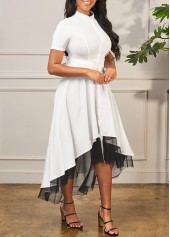 Dip Hem Contrast Short Sleeve White Dress