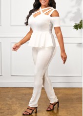 Cage Neck Flounce Cold Shoulder White Jumpsuit