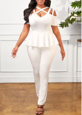 Cage Neck Flounce Cold Shoulder White Jumpsuit